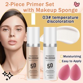 2PCS Color Changing Foundation Makeup Set with 2 Makeup Sponges,Moisturizing Full Coverage Liquid Foundation for Women,Non-greasy Long Lasting Flawless Concealer Cream Makeup Foundation Set（B)