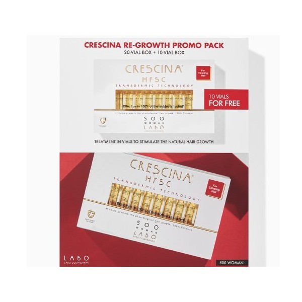 Crescina HFSC Transdermic Technology Woman 500 Dermo Cosmetic Formula for Medium Stage of Thinning, 20x3.5ml & FREE 10 Vials