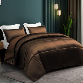 Whale Flotilla 3-Piece Reversible Silky Soft King Size Comforter Bedding Set, Luxurious Satin Comforters Oversized with 2 Satin Pillowcases, Lightweight Duvet for All Seasons, Brown