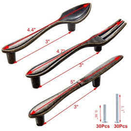 CENDGOOD Door Pulls Tableware Handles Spoon Knife Fork Shape Kitchen Cupboard Cabinet Dresser Closet Drawer Hole Center 3" Bronze Pack of 15