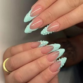 Yabonica 24Pcs Short Almond Press On Nails French Tip, Reusable Fake Nails Kit with Glue & Nail File, DIY 3D Handmade Acrylic Nails for Women, 12 Sizes Soft Gel Nail Tips (Light green, 3D Almond)