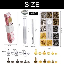Leather Rivets Set, Rivets for Leather, 180 Set Metal Rivets Double Cap with Rivet Pliers, Hole Pliers, Hollow Rivets, 12 mm, 8 mm, 6 mm Rivets for Leather Rivets, for DIY Leather Crafts, Clothing,