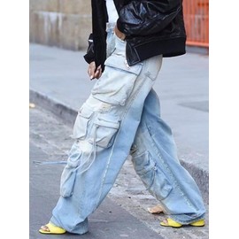 Baczoe Cargo Jeans for Women Y2K High Waisted Baggy Jeans Straight Wide Leg Cargo Pants Streetwear (Blue, L)