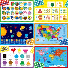 6 Pack Placemats for Kids, Non-Slip Washable, Reusable Alphabet, Number, Shape & Color, Universe, Map Themed Educational Placemats for Home, Kindergarten, Classroom, Nursery