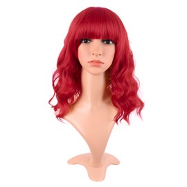 MapofBeauty 14 Inch/35 cm Short Wavy Curly Women Fresh Bright Synthetic Ordinary Flat Bangs Bob Wig (Bright Red)