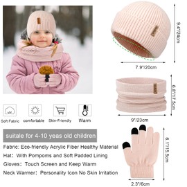 Hicdaw 3PCS Kids Winter Hat Glove Scarf Sets, Toddler Gloves Neck Warmer Baby Winter Hat Toddler Gloves Scarf Set for Boys Girls, Light Pink
