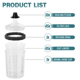 nihao Disposable Paint Sprayer Mixing Cup Kit with 125 Mic 27 Ounce (800ml) Hard Cup, 45 Cup Liners, 45 Lids, 10 Plugs, 1 Retainer Ring Compatible Traditional Series Spray Gun