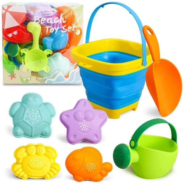 3 otters 15PCS Foldable Beach Bucket, Sand Toys Set Foldable Pail Colorful Beach Bucket with Sand Molds Collapsible Silicone Buckets