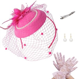 Molirex Derby Hats for Women 2025 Pink 3Pcs Tea Party Fascinator Hat Feathers Pearl Headwear with Veil and Gloves Set