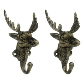 HUSTY CUSTY Vintage Set of 2 Golden Deer Head Wall Hooks Cast Iron 3D Design - Rustic Wall Mounted Coat Hooks for Entryway, Bathroom, Farmhouse Decor, Heavy Duty Hangers with Retro Animal Design