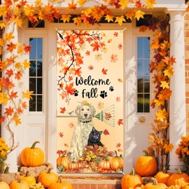 Welcome Fall Door Cover Autumn Dog Cat Pumpkin Harvest Door Decor Holiday Banner for Thanksgiving Party Classroom Photo Background for Outdoor Decor Supplies 35.4 x 70.8 Inch