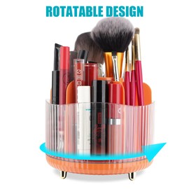 Veki 360°Rotating Makeup Brush Holder Organizer, Makeup Organiser for Dressing Table, Cosmetic Brush Holder for Bathroom and Vanity, Cosmetic Brushes Container Storage for Lipstick Eyeliner (Orange)