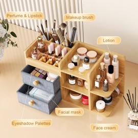 Bamboo Makeup Organizer Countertop For Vanity Dresser,Large Bathroom Counter Organizers And Storage,Cosmetic Skincare Perfume Organizer With 3 Makeup Brush Holder/2 Drawers/5 Shelves /8 Compartments