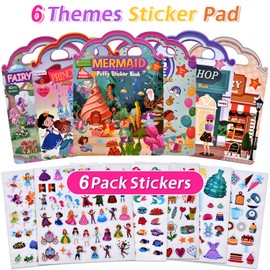 Cosomia 6 Set (260pcs) Puffy Sticker Books Activity for Girls, Fairytale Garden, Princess Party, Mermaid, Kids Zone, Girls' Shop, 3D Reusable Stickers, Travel Sticker Books for Kids Ages 3+