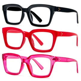 DXYXYO Reading Glasses Women 1.25 Blue Light Blocking, Oprah Style Square Oversized Computer Readers 3 Pack Retro Fashion, Pink+red+black