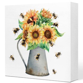 Farmhouse Sunflower Bouquet Honey Bees Wooden Plaque Sign,Rustic Sunflower Wood Block Sign for Country Home Office Garden Shelf Table Decorations,Summer Desk Decor