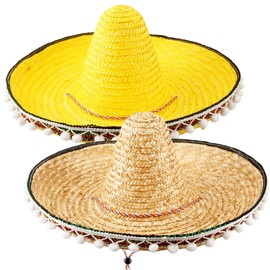 2 Pcs Giant Mexican Sombreros Straw Hats Fiesta Sombrero Party Hats Cinco de Mayo Straw Sombrero Hat Bulk for Adult Teen Mexican Carnival Birthday Theme Party Costume Supplies (Color Style 3)