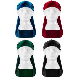 Tatuo 4 Pieces Men's Velvet Durag with Long Tail Soft Durag Headwraps for 360 Waves (Black, Green, Red, Royal Blue) (Hole Blue, Green, Red, Black)