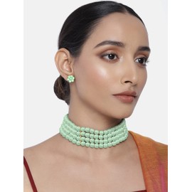 Aheli Gold Plated Pearl Beaded Choker Necklace with Stud Earrings Gift for Women Traditional Jewellery Set Mint