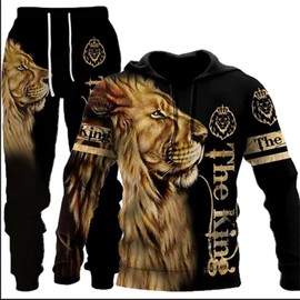 hiegi Men's Athletic 2-Piece 3D Lion Tiger Wolf Tracksuit Casual Jogging Sweat Suit Set Hoodie Set, Fwolf-2, L
