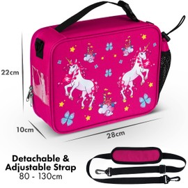 HeavenlyUnicorns Insulated Unicorn Kids Lunch Bag for Girls Child with Bottle Holder, Carry Handle & Shoulder Strap, Kids Lunch Box Snack Box Thermal Tote Cooler Bag for School Picnic Outdoor or Work