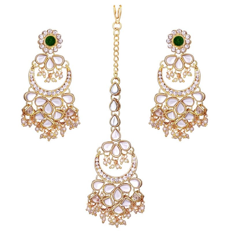 Aheli Kundan Pearl Chandbali Pendientes con Maang Tikka Conjunto de