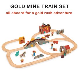 Mentari Toys - Gold Mine Train Set - Interactive Wooden Railway Adventure with Tunnels, Animals, Dynamite and Gold Nuggets - Encourages Imaginative Play, Storytelling and Fine Motor Skills - Age 3+
