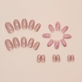 BABALAL Pink Press on Nails Almond Medium Fake Nails Flower Glue on Nails Bling Glitter Acrylic Nails 24Pcs Stiletto False Nails Coquette Manicure Stick on Nails
