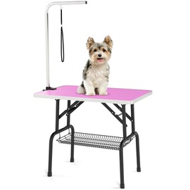 DWVO 36'' Dog Grooming Table, Foldable Pet Grooming Table with Adjustable Arm, Loop, and Mesh Tray, Non-Slip Portable Dog Bathing Station, Pink