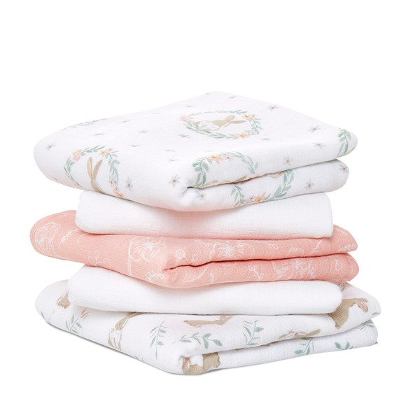 aden + anais Musy Squares - blushing bunnies, Pack of 5 | Large 100% Cotton Muslin Cloth | Soft & Lightweight Unisex Baby Essentials | Cloths for Newborn Girls & Boys | Ideal