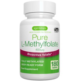 Igennus Healthcare Nutrition Igennus Pure Methyl Folate 400 mcg, 180 Tablets, Clean Label, Methylated Form of Folic Acid 5-MTHF (Vitamin B9), Vegan, Suitable for Pregnancy, One-a-Day, 6 Month Supply