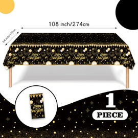 1PC Happy New Year Tablecloth, Disposable Black Gold NYE Party Tablecloth Decorations, Rectangular Plastic Table Cover NYE Theme Supplies for Birthday Party Decorations, 108 x 54”