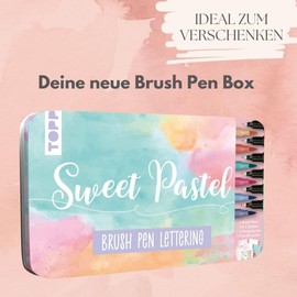 Brush Pen Lettering Design Tin Sweet Pastel Tin (19 x 11.5 cm), 6 Brush Pens with Fineliner Tip in Yellow, Orange, Pink, Light Green, Light Blue and Grey, 5 Design Paper Cards, 2 Transfer Sticker