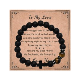 To My Love Valentines Day Gifts for Him Her Tiger Eye Cross Bracelet for Women Men I Love You Gifts for Husband Wife Birthday Gifts for BF GF 8mm Beaded Bracelets Graduation Gifts for Men Women