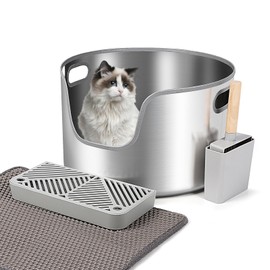 Bartuke Stainless Steel Litter Box, 17.4” x 11" Large Round High Sided Metal Cat Litter Box Tray with Scoop, Filter Pedal & Litter Mat, Non-Sticky, Non-Odor, Easy Cleaning