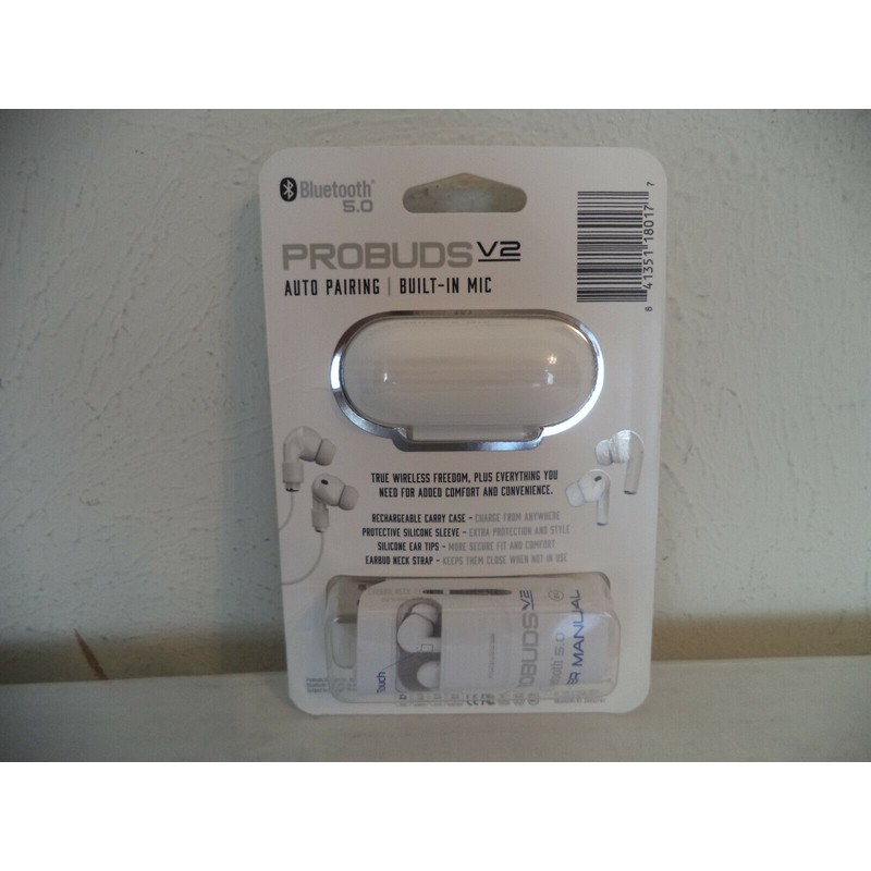 ProBuds V2 Auto Pairing. Built-In Mic Earbuds. White Color.