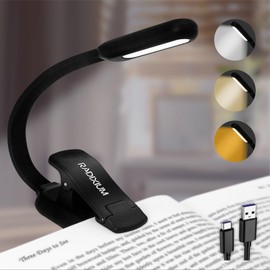 RADIXIUM LED Rechargeable Book Light for Reading in Bed- Eye Caring 4 Color Temperatures, Stepless Dimming Brightness, Lightweight Flexible Clip on Book Light for Book Lovers Black (Black)