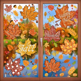 YUJUN 8 Sheets Thanksgiving Fall Window Clings, Maple Leaves Pine Cones Oil Painting Window Decals Stickers for Autumn Glass Home Decor and Thanksgiving Fall Window Decoration