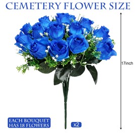 Scawim Cemetery Flowers for Grave, 2 Bundle 18 Artificial Silk Rose Flowers for Cemetery Royal Blue Roses Flower for Grave Home Garden Porch Wedding Funeral Decoration