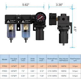ATINY 1/4" NPT Compressed air Dryer,Air Pressure Regulator Filter Combo,Air Compressor Filter Dryer,5 and 5 Micron Filter Cartridge,Semi-Auto Drain, Metal Bracket-Black