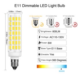 E11 Led Bulb Dimmable, 100 Watt Halogen Equivalent, 8W Warm White 3000K, T3 T4 Mini Candelabra Base, JDE11 120V 100W for Ceiling Fans, Chandeliers, Cabinet Lighting, Pack of 2 (Daylight White)