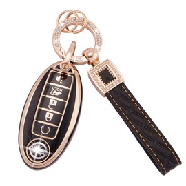 EKALA for Nissan Key Fob Cover 5 Buttons Soft TPU Full Covers Protection Key Case Shell with Leather Keychains Black Gold Fit for Nissan Altima Rogue Sentra Pathfinder Armada Maxima Murano(BP-Nisn-5)