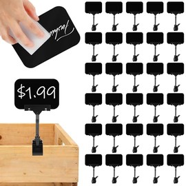 Paquete de 30 mini letreros de pizarra con clip, soporte de letrero con clip para exhibición, letreros de precio giratorios de doble cabeza para vendedores, clips de plástico negro para estantes de