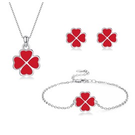 Cangall 3PCS Silver Four Leaf Clover Jewelry Set - Red, 925 Sterling Silver Clover Jewelry Set, Irish Lucky Love Four Leaf Clover Shamrock Necklace Bracelet Stud Earrings Full Set for Women Girls