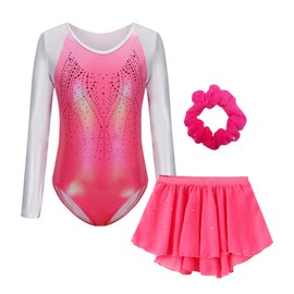 Girls Gymnastics Leotards Kid Athletic Outfits Long Sleeve Dance Tumbling Outfit Matching Skirt Hair Scrunchie Set Pink 7-8 Years