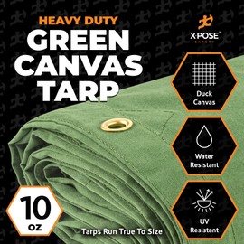 Xpose Safety Canvas Tarp - 10oz Green Canvas Tarps Heavy Duty Water Resistant with Brass Grommets- Multipurpose Outdoor Tarpaulin for Camping, Canopy, Trailer, Equipment Cover 16' x 20'
