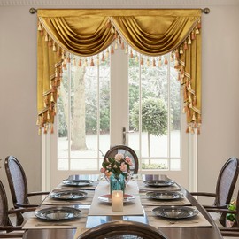 VOGOL Yellow Waterfall Valances for Farmhouse, Light Reducing Velvet Swag Valance with Tassels for Guest Room, Vintage Style Rod Pocket Drapes for Living Room, 59 Inches Wide, Gold