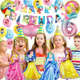 Luchild Ballons Princess Party Decorations Girls- Princess 6th Birthday Decorations 6 Years Old Princess Foil Balloons Age 6 Happy Birthday Banner for Kids Princess Theme Party Supplies Decorations