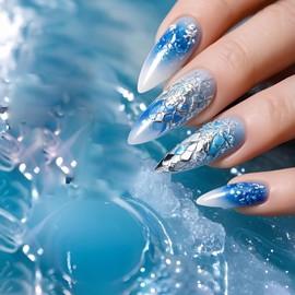 24Pcs Dragon Scale Press on Nails Medium Blue Gradient French Tip Press Ons False Nail Full Cover Glossy Almond Tip Stick on Nail Artificial Fingernails Acrylic Reusable Glue on Nails for Women