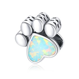BISAER 925 Sterling Silver Charms for European Style Charms Cute Dog Paw Opal Charms Bead for Dog Lover